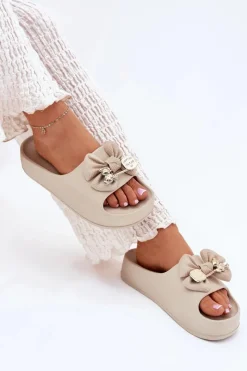 New Klapki Damskie Piankowe Na Platformie Z Kokardką I Broszką Ciemnobeżowe Marlize Damskie Klapki Basenowe|Klapki Na Platformie