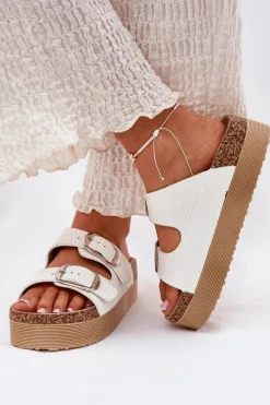 Lee Cooper Klapki Damskie Platformie Z Klamrami LCW-25-35-3496L Białe