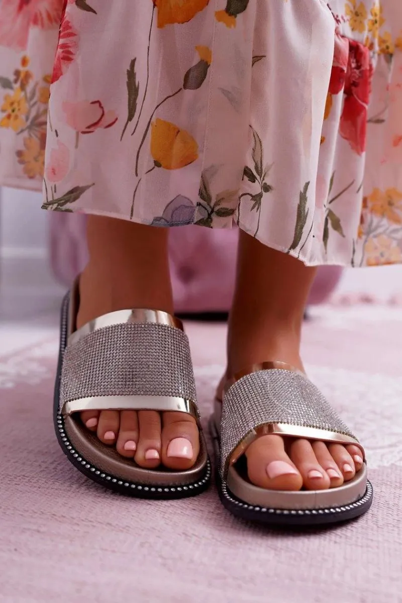 Klapki Sportowe|Klapki Damskie Klasyczne>Boto Klapki Damskie Profilowane Z Cyrkoniami Złote Rentre