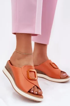 Best Klapki Damskie Skórzane Na Koturnie 56C2149 Pomarańczowe Damskie Klapki Na Koturnie|Klapki Damskie Klasyczne