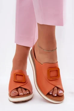 Best Klapki Damskie Skórzane Na Koturnie 56C2149 Pomarańczowe Damskie Klapki Na Koturnie|Klapki Damskie Klasyczne