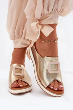 Klapki Na Koturnie|Klapki Damskie Klasyczne>Artiker Klapki Damskie Skórzane Na Koturnie 56C2146 Złote