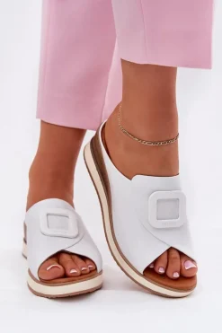 Best Artiker Klapki Damskie Skórzane Na Koturnie 56C2144 Białe Biały