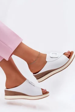 Best Artiker Klapki Damskie Skórzane Na Koturnie 56C2144 Białe Biały