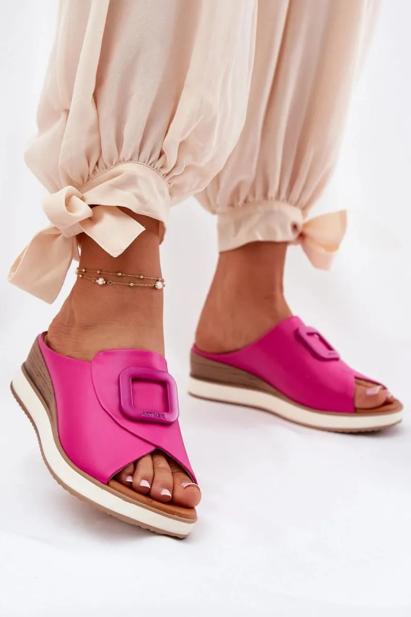 Hot Artiker Klapki Damskie Skórzane Na Koturnie 56C2147 Fuksja