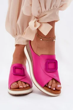 Hot Artiker Klapki Damskie Skórzane Na Koturnie 56C2147 Fuksja