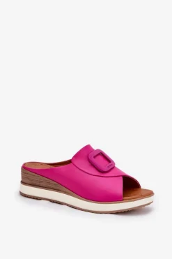 Hot Artiker Klapki Damskie Skórzane Na Koturnie 56C2147 Fuksja