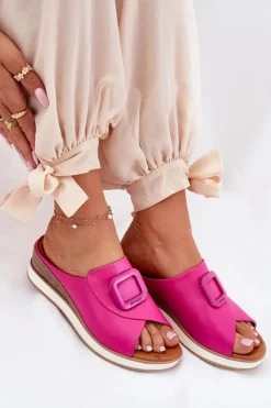 Hot Artiker Klapki Damskie Skórzane Na Koturnie 56C2147 Fuksja