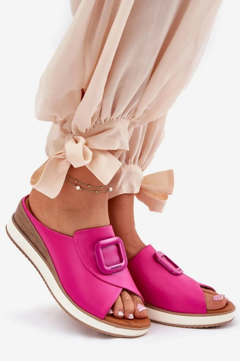 Hot Artiker Klapki Damskie Skórzane Na Koturnie 56C2147 Fuksja