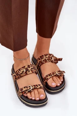 Klapki Na Platformie|Klapki Damskie Klasyczne>Boto Klapki Damskie w Panterkę Na Platformie Z Paskami I Klamrami Brązowe Ziferte Brązowy