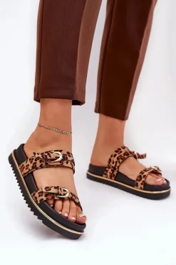 Klapki Na Platformie|Klapki Damskie Klasyczne>Boto Klapki Damskie w Panterkę Na Platformie Z Paskami I Klamrami Brązowe Ziferte Brązowy
