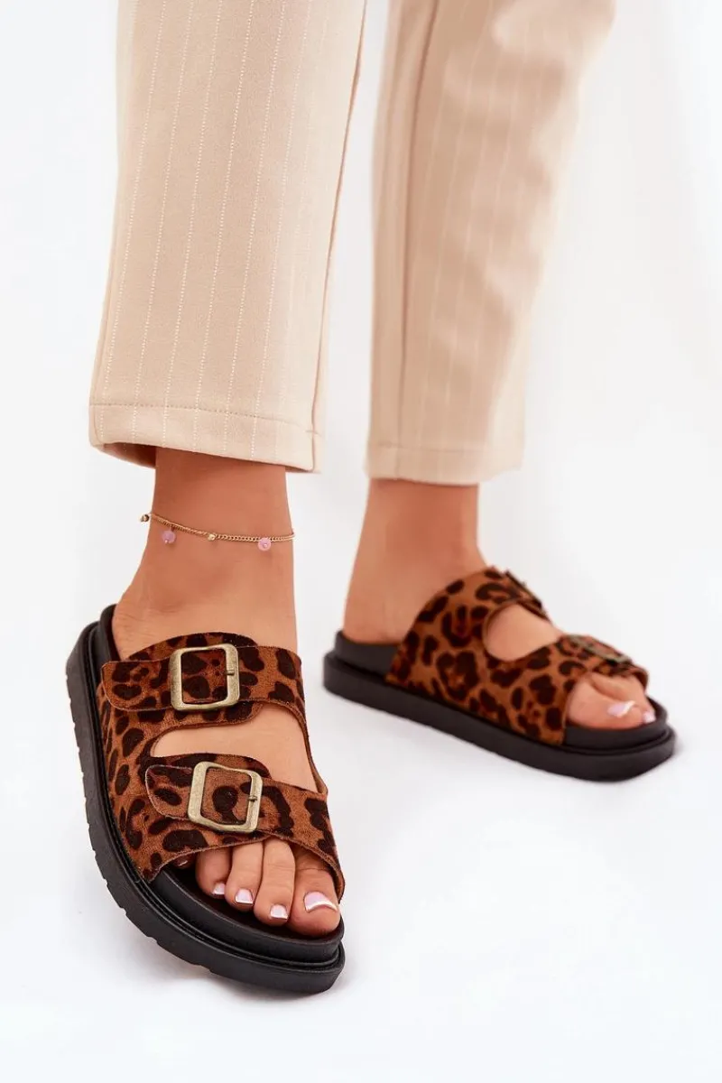 New Boto Klapki Damskie W Panterkę Na Platformie Z Klamrami Brązowe Simbes Brązowy