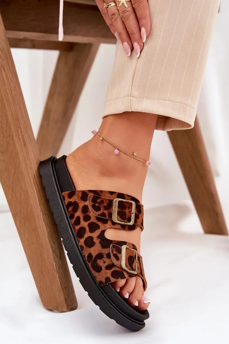 New Boto Klapki Damskie W Panterkę Na Platformie Z Klamrami Brązowe Simbes Brązowy