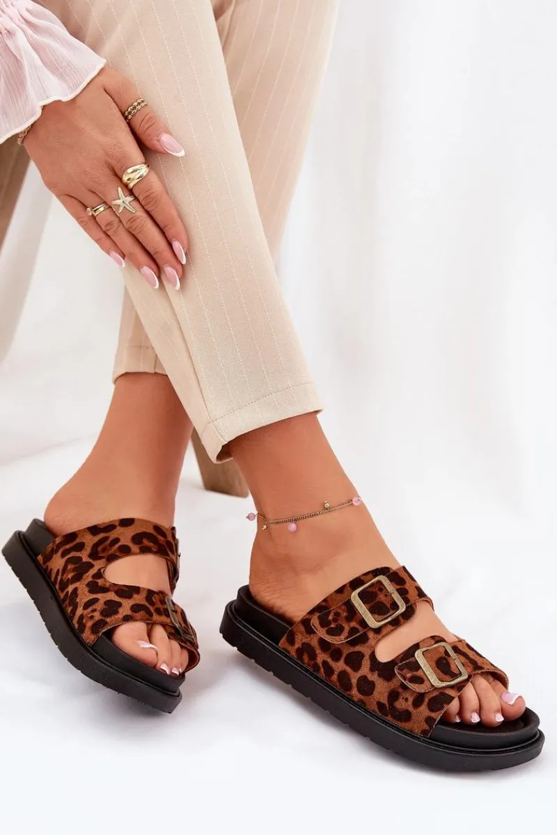 New Boto Klapki Damskie W Panterkę Na Platformie Z Klamrami Brązowe Simbes Brązowy