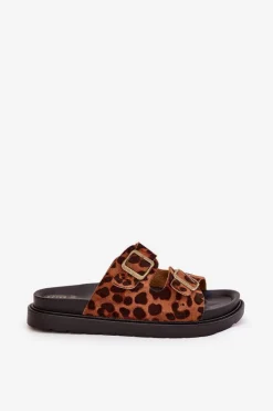 New Boto Klapki Damskie W Panterkę Na Platformie Z Klamrami Brązowe Simbes Brązowy