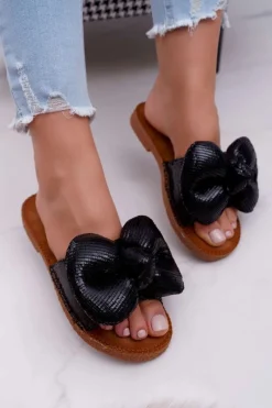 Boto Klapki Damskie z Dużą Kokardą Czarne Big Love