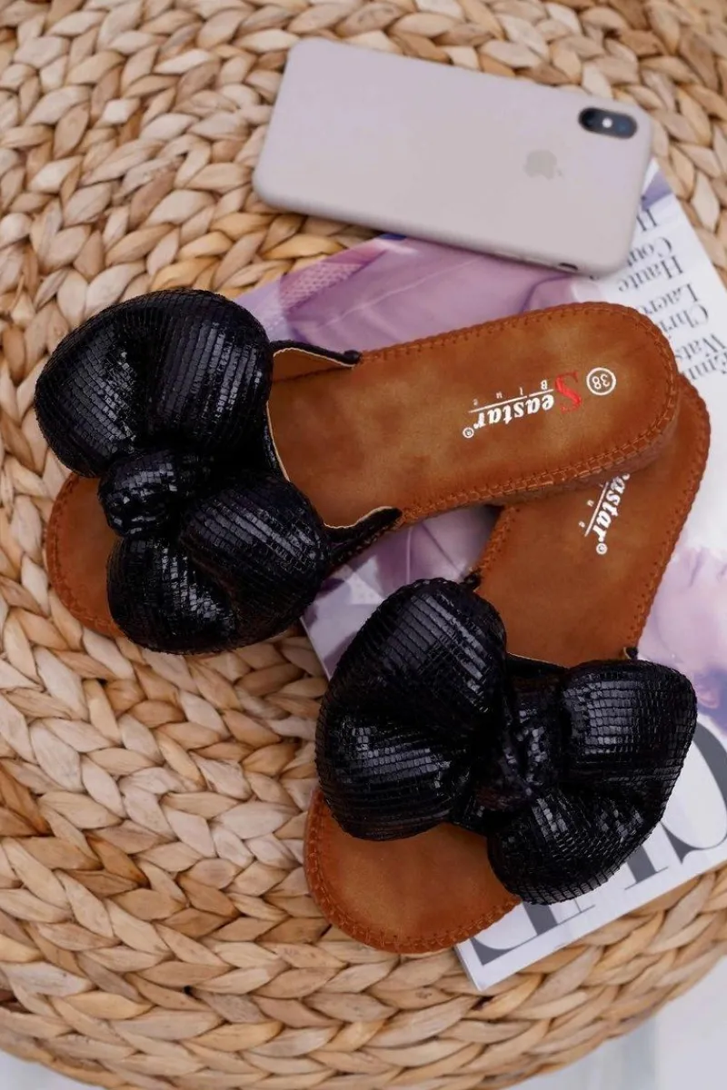 Boto Klapki Damskie z Dużą Kokardą Czarne Big Love