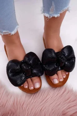 Boto Klapki Damskie z Dużą Kokardą Czarne Big Love
