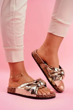 Outlet Evento Klapki Damskie z Dużą Kokardą Złote Lovely Time