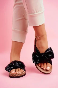 New Klapki Damskie z Dużą Kokardą Czarne Lovely Time Damskie Klapki Damskie Klasyczne