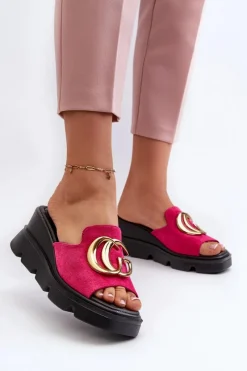 Discount Klapki Damskie Z Eko Zamszu Na Koturnie I Platformie Ze Złotą Ozdobą Vinceza 58295 Fuksja Damskie Klapki Na Platformie|Klapki Damskie Klasyczne