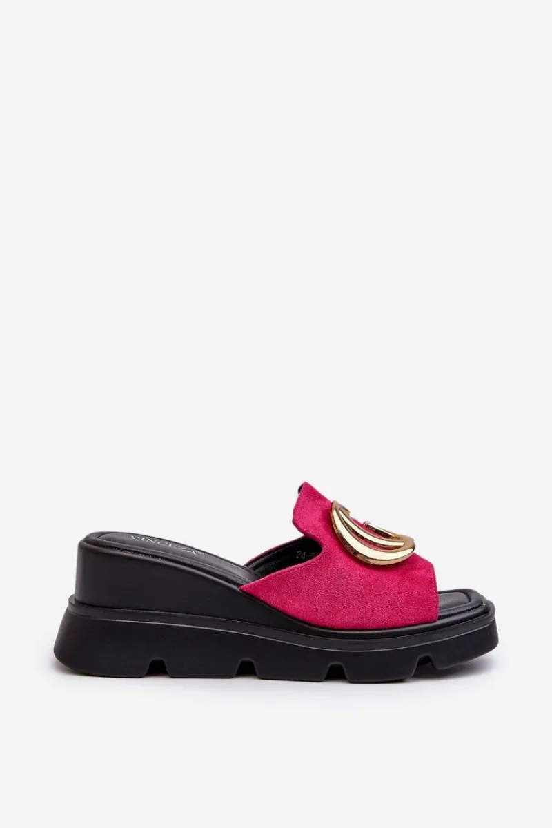 Discount Klapki Damskie Z Eko Zamszu Na Koturnie I Platformie Ze Złotą Ozdobą Vinceza 58295 Fuksja Damskie Klapki Na Platformie|Klapki Damskie Klasyczne