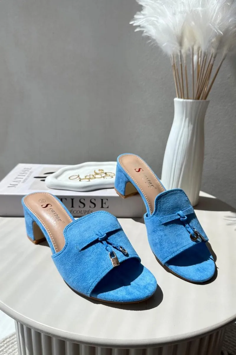 Sale Klapki Damskie Z Eko Zamszu Na Obcasie Niebieskie Jemenna Damskie Klapki Na Obcasie|Klapki Damskie Klasyczne