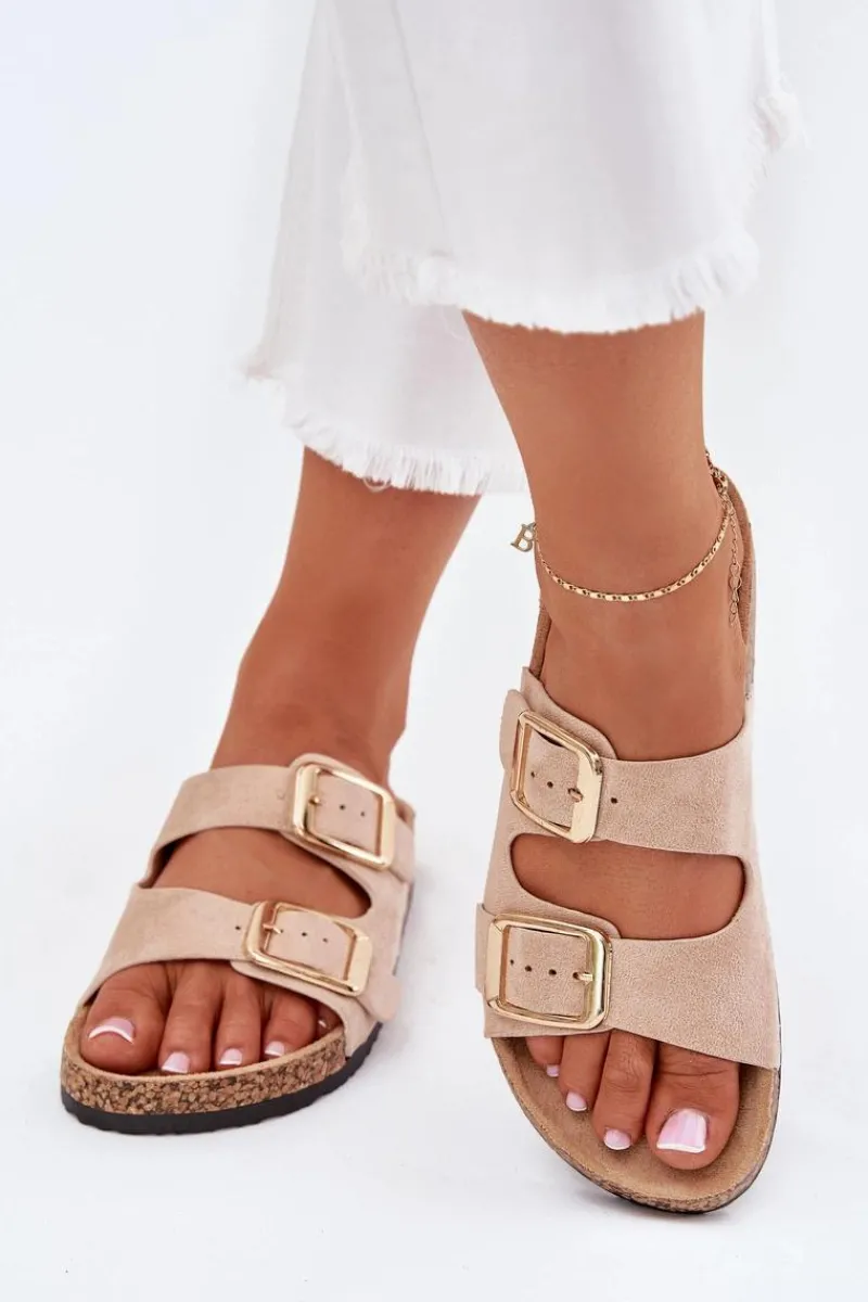 Clearance Boto Klapki Damskie Z Eko Zamszu Złote Klamry Beżowe Vorella