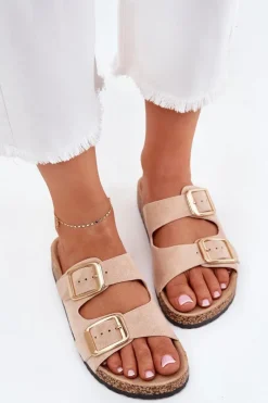 Clearance Boto Klapki Damskie Z Eko Zamszu Złote Klamry Beżowe Vorella