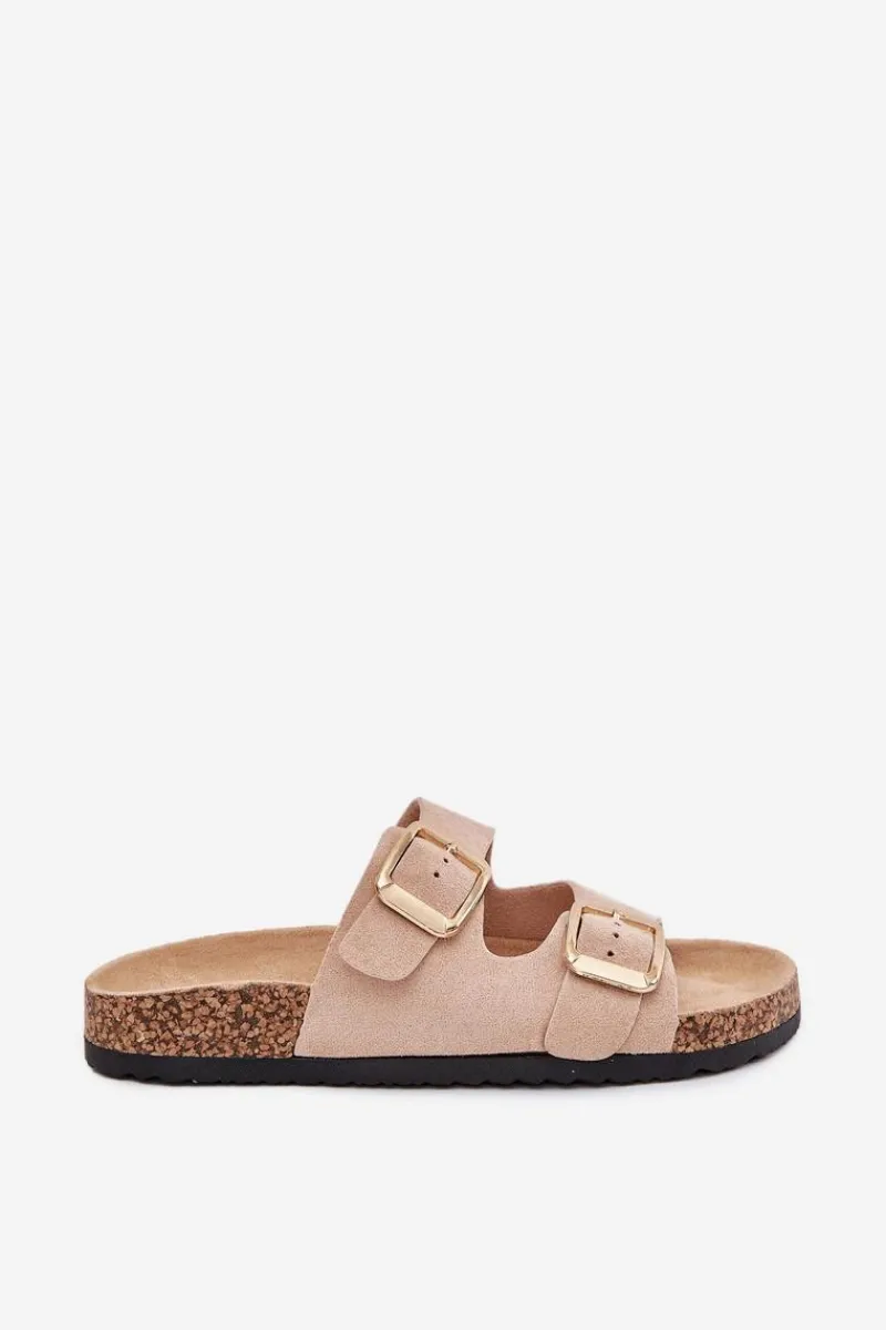 Clearance Boto Klapki Damskie Z Eko Zamszu Złote Klamry Beżowe Vorella