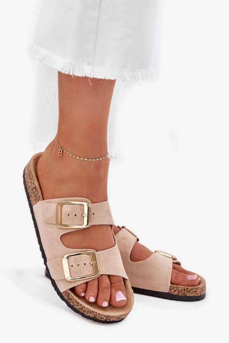 Clearance Boto Klapki Damskie Z Eko Zamszu Złote Klamry Beżowe Vorella