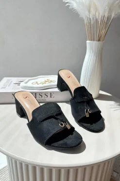 Hot Klapki Damskie Z Eko Zamszu Na Obcasie Czarne Jemenna Damskie Klapki Na Obcasie|Klapki Damskie Klasyczne