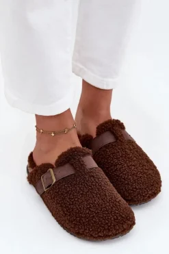 Outlet Klapki Damskie Z Futerkiem Typu Baranek Brązowe Lorivine Damskie Kapcie Klasyczne|Klapki Korkowe