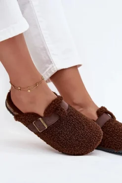 Outlet Klapki Damskie Z Futerkiem Typu Baranek Brązowe Lorivine Damskie Kapcie Klasyczne|Klapki Korkowe