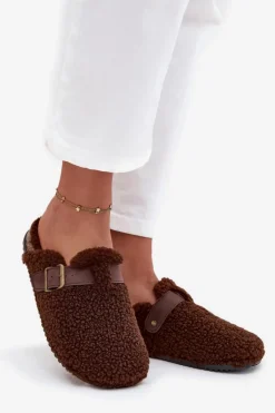 Outlet Klapki Damskie Z Futerkiem Typu Baranek Brązowe Lorivine Damskie Kapcie Klasyczne|Klapki Korkowe
