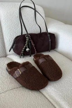 Outlet Klapki Damskie Z Futerkiem Typu Baranek Brązowe Lorivine Damskie Kapcie Klasyczne|Klapki Korkowe