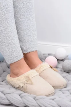 Kapcie Klasyczne|Klapki Z Futerkiem>Boto Klapki Damskie Z Futerkiem I Kokardką SOXO Beżowe