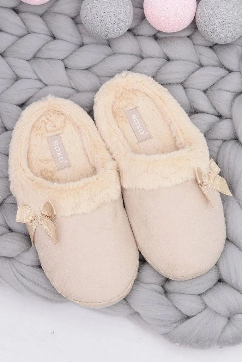 Kapcie Klasyczne|Klapki Z Futerkiem>Boto Klapki Damskie Z Futerkiem I Kokardką SOXO Beżowe