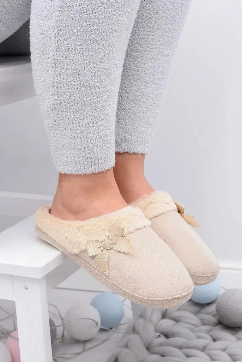 Kapcie Klasyczne|Klapki Z Futerkiem>Boto Klapki Damskie Z Futerkiem I Kokardką SOXO Beżowe