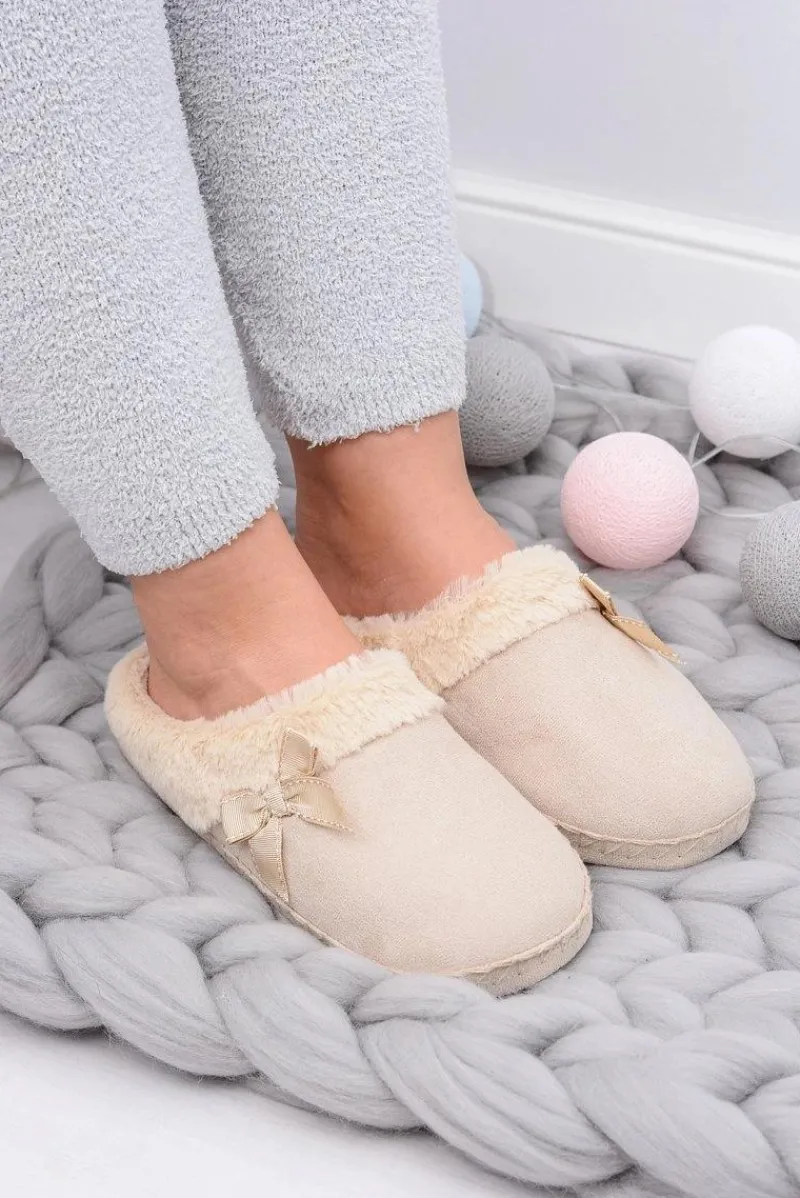 Kapcie Klasyczne|Klapki Z Futerkiem>Boto Klapki Damskie Z Futerkiem I Kokardką SOXO Beżowe