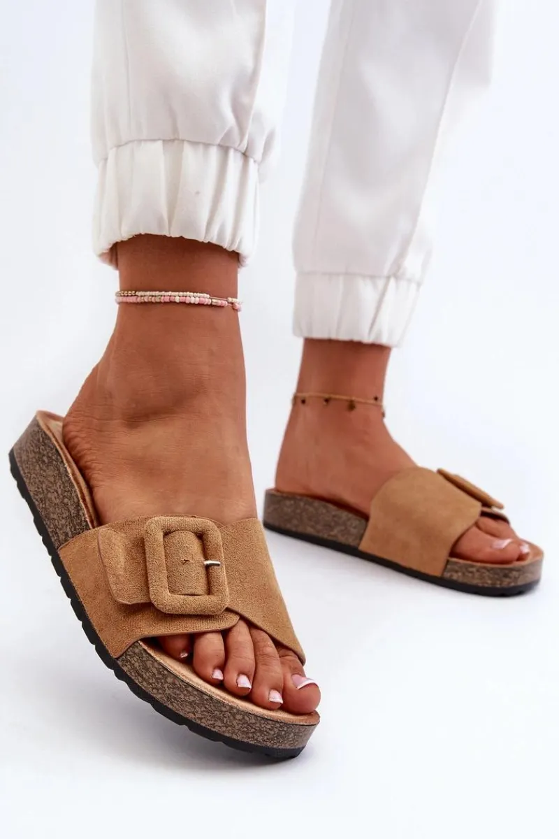 Outlet Boto Klapki Damskie Z Klamrą Eko Zamszowe Camel Laeltia