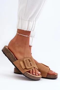 Outlet Boto Klapki Damskie Z Klamrą Eko Zamszowe Camel Laeltia