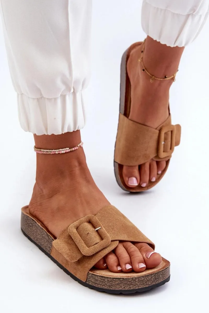 Outlet Boto Klapki Damskie Z Klamrą Eko Zamszowe Camel Laeltia