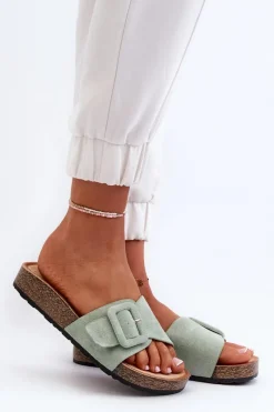 Klapki Na Platformie|Klapki Damskie Klasyczne>Boto Klapki Damskie Z Klamrą Eko Zamszowe Miętowe Laeltia