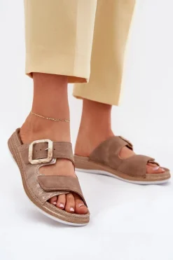 Discount Klapki Damskie Z Klamrą I Rzepem MK000013 Brązowe Damskie Klapki Na Platformie|Klapki Damskie Klasyczne