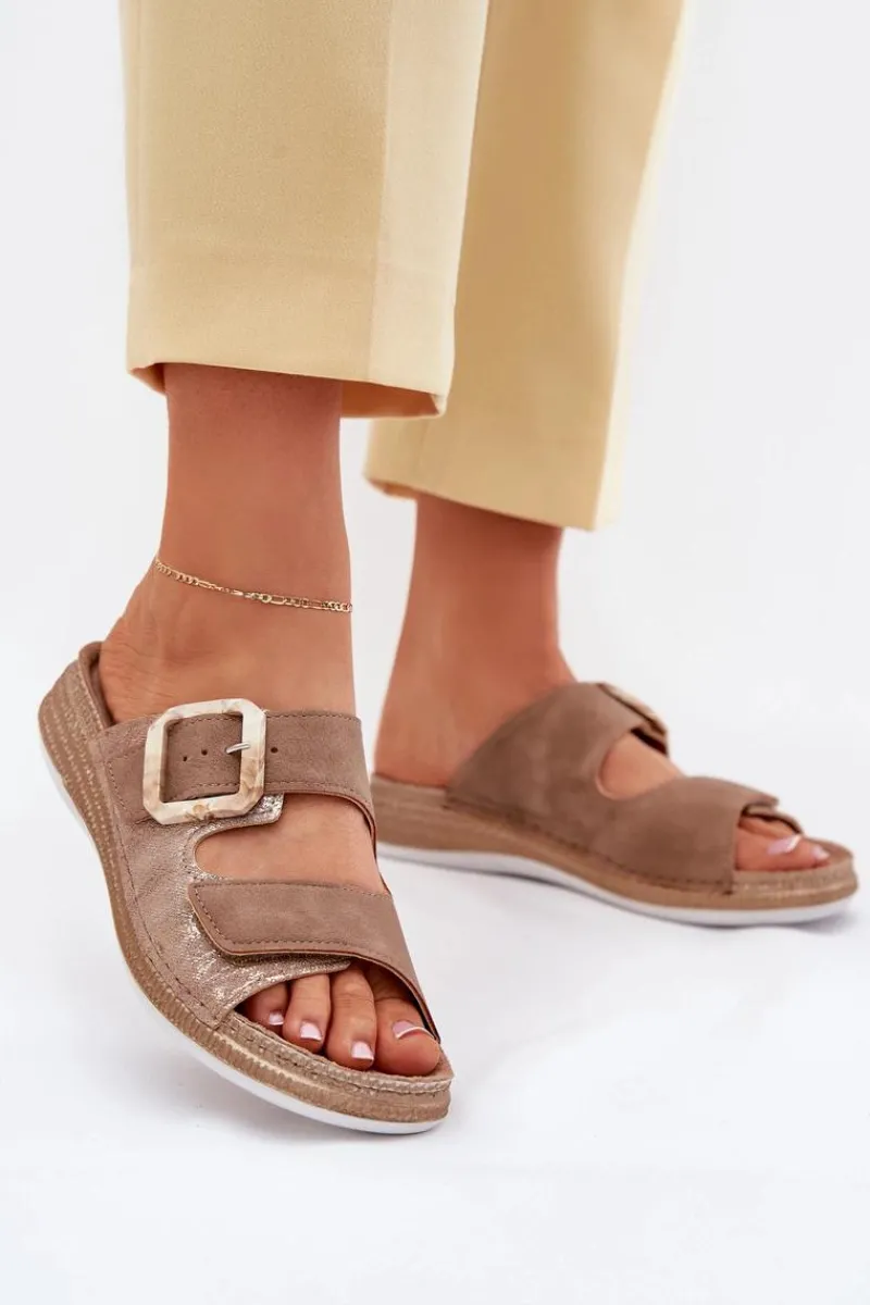 Discount Klapki Damskie Z Klamrą I Rzepem MK000013 Brązowe Damskie Klapki Na Platformie|Klapki Damskie Klasyczne