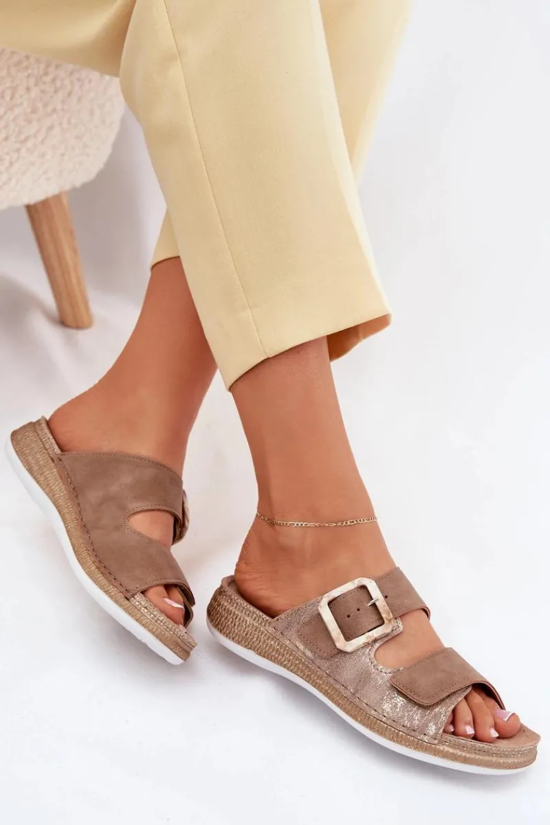 Discount Klapki Damskie Z Klamrą I Rzepem MK000013 Brązowe Damskie Klapki Na Platformie|Klapki Damskie Klasyczne