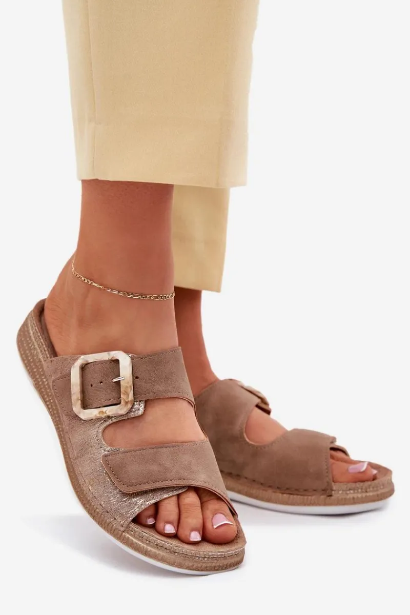 Discount Klapki Damskie Z Klamrą I Rzepem MK000013 Brązowe Damskie Klapki Na Platformie|Klapki Damskie Klasyczne