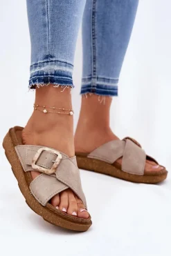 Sale Klapki Damskie Z Klamrą ED000025 Beżowe Damskie Klapki Na Platformie|Klapki Damskie Klasyczne