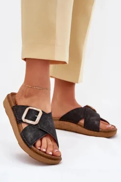 Sale INBLU Klapki Damskie Z Klamrą ED000025 Czarne Czarny